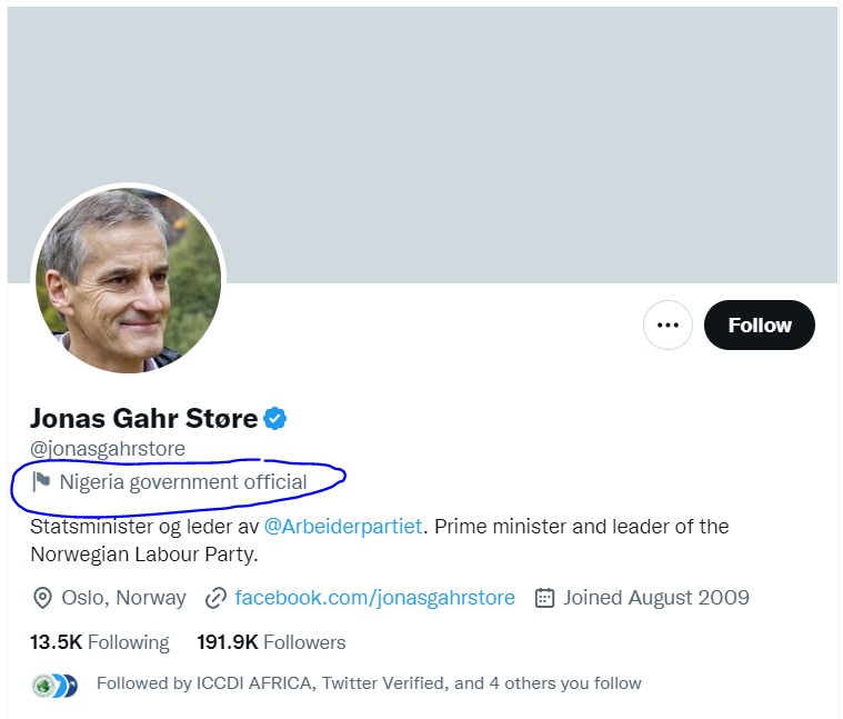 Twitter labels Norway prime minister as ‘Nigerian government official’